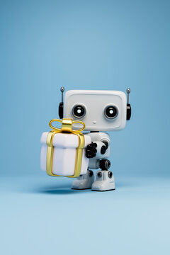 3D robot holding Christmas gift with golden ribbon wrap
