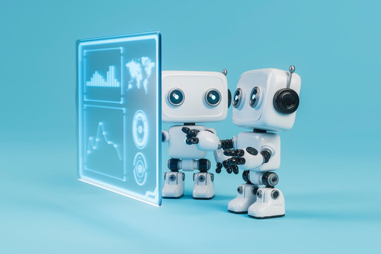 3D robots analyzing data screen with futuristic interface. Teamwork concept.