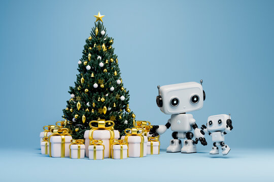 3D robots with Christmas tree and festive gift boxes