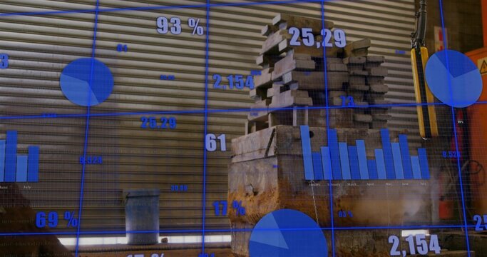 Occupying center in warehouse, stacked blocks and metal crate showing blue data overlays on shutter
