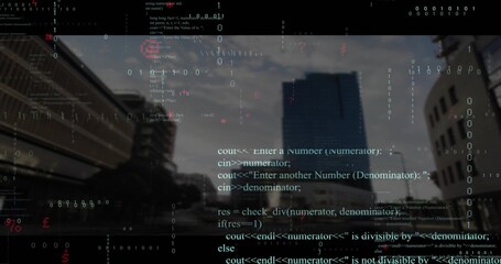 Streaming translucent code overlay covering city street, with binary digits, blue-glass skyscraper