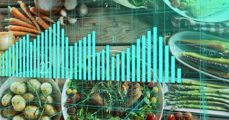 Displaying teal chart and grid overlaying veg spread on wood table, with roasted potatoes