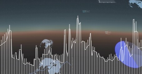 Displaying data visual showing vertical bars, white line, globe motifs at digital dash, blue glow