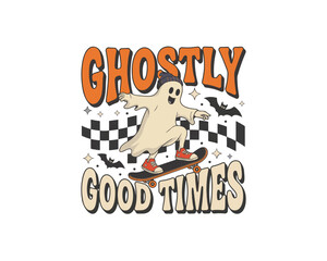 Ghostly good times retro ghost character skateboarding halloween vector