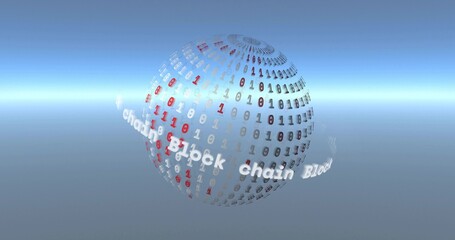 Rotating binary-digit sphere hovering in virtual 3D space, showing moving Block chain ribbon