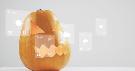Fototapeta premium Showing carved orange pumpkin sitting on white table in gray studio, weekday weather tiles floating