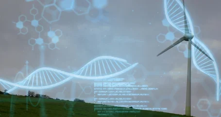 Fototapete Landschaft Rotating utility scale wind turbine on right green hill, showing DNA helix, hex code, copy space  © vectorfusionart