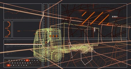 Displaying wireframe truck model rotating over digital city map, with HUD panels and route markers