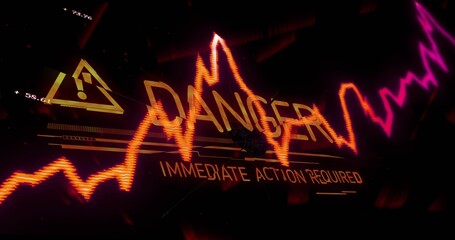 Flashing DANGER slicing neon waveforms on HUD, showing IMMEDIATE ACTION REQUIRED with yellow icon
