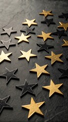 Sparkling Golden and Black Stars Scattered Across a Dark Textured Surface for a Festive New Year Celebration and Event Background
