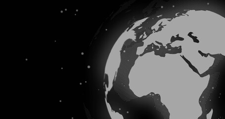 Fototapeta premium Rotating stylized globe showing Africa Europe Middle East at right in dark void, halftone glow