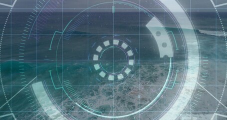 Overlaying circular HUD scanning coastal ocean from elevated view, showing reticle, breaking waves