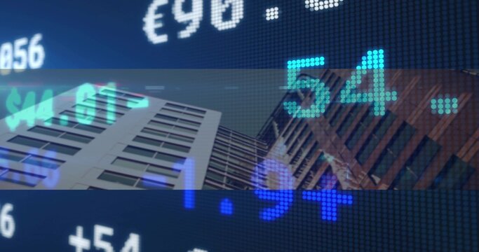 Framing pair high-rise office towers through semi-transparent band, pixelated ticker showing 54€ $