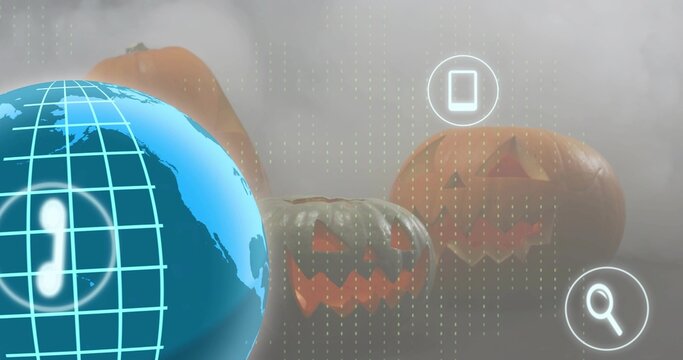 Occupying left large globe showing cyan grid and phone icon in studio, pumpkins right, copy space