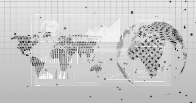 Displaying composite grayscale data display at dashboard, with HUD panels, dotted map and globe