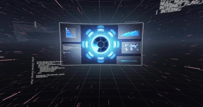 Floating holographic control panel rotating in dark 3D grid, showing blue hub and info panels