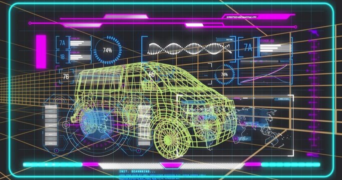 Displaying wireframe 3D SUV scanning on virtual HUD with wheel schematics, progress rings