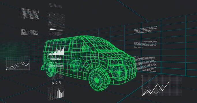 Showing wireframe compact van occupying center in design studio, with grid floor and HUD panels