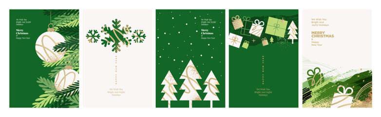 Merry Christmas and Happy New Year greeting cards. Vector illustrations for holiday greeting card, poster, cover, website and social media banner, marketing.