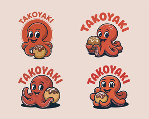 Cute cartoon octopus mascot holding takoyaki illustration set design vector