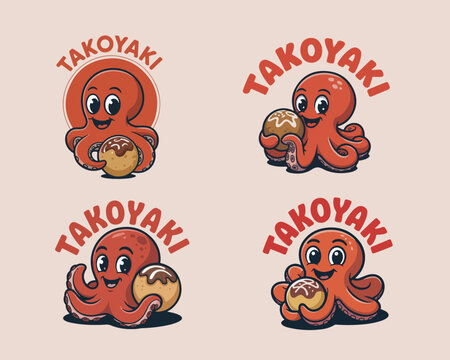 Cute cartoon octopus mascot holding takoyaki illustration set design vector