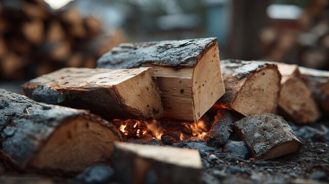 Stack of firewood logs burning in a campfire