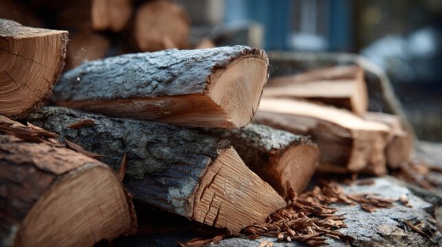 Stacked firewood logs showing textured bark and wood grain - Powered by Adobe