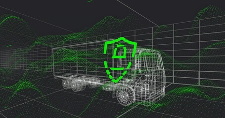 Displaying wireframe tractor-trailer truck rotating in 3D grid space, showing neon shield padlock