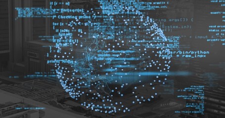 Projecting holographic globe hovering over server racks at data center, with floating code