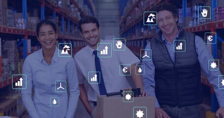 Checking three staff in business shirts handling box on pallet truck in warehouse with data overlay