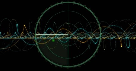 Displaying central radar grid with vertical crosshair on screen, showing teal traces and green blip