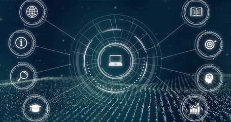 Displaying central circular HUD with laptop icon, rings on virtual dotted grid, with edge icons