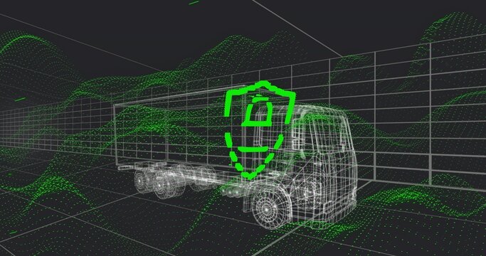 Fototapeta Displaying wireframe tractor-trailer truck rotating in 3D grid space, showing neon shield padlock