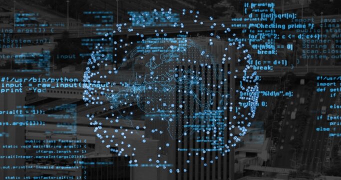 Hovering digital globe network spanning aerial urban center, displaying cyan code over skyscrapers