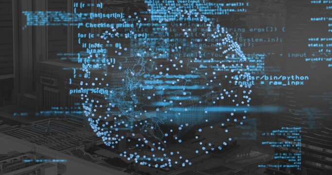 Projecting holographic globe hovering over server racks at data center, with floating code