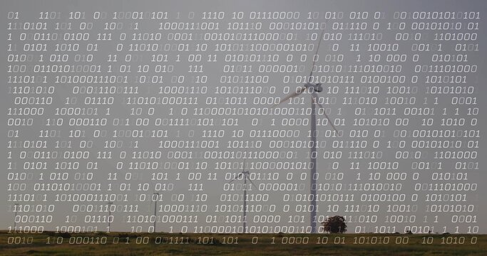 Standing tall wind turbine towering grassland near shrubs, with binary code across sky, copy space