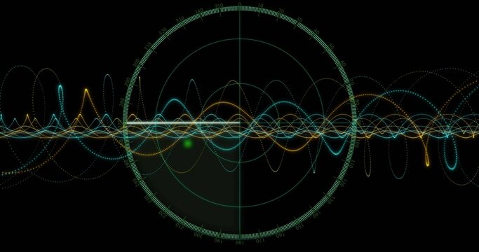 Displaying central radar grid with vertical crosshair on screen, showing teal traces and green blip
