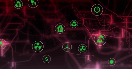 Floating green energy icons linking neon network on digital UI showing recycle plug power wind