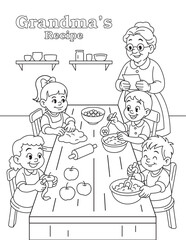 Grandma’s Recipe. Children cooking with grandma for Thanksgiving. Black and white coloring page for family, kitchen fun, and holiday learning.