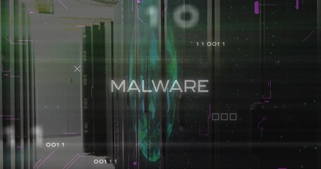 Glowing MALWARE text hovering over teal skull glyph in server room, showing binary digits