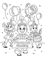 Parade Morning. Thanksgiving parade coloring page with kids in marching band, balloons, and turkey float. Fun holiday printable for children.