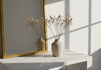 Elegant Interior Design with Dried Flowers in Vase and Golden Framed Mirror Reflecting Simplicity and Serenity