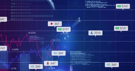 Displaying analytics dashboard on monitor showing pink and blue line charts, badges, percentages