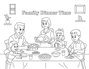 Family Dinner Time. Family sharing Thanksgiving meal together. Cute coloring page for gratitude, dinner table, and holiday printable for kids.