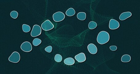 Curving turquoise pebbles occupying center of deep teal field, showing pale outlines and neon mesh