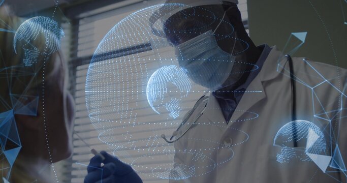 Leaning clinician in lab coat, mask and gloves collecting throat swab at clinic with holograms
