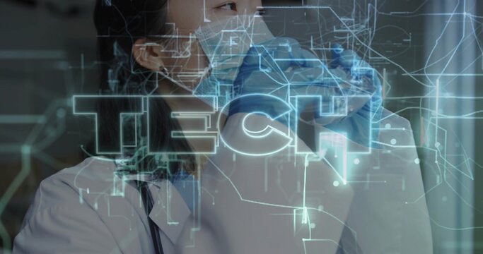 Pulling blue glove, female doctor in lab coat, stethoscope and surgical mask at clinic with TECH