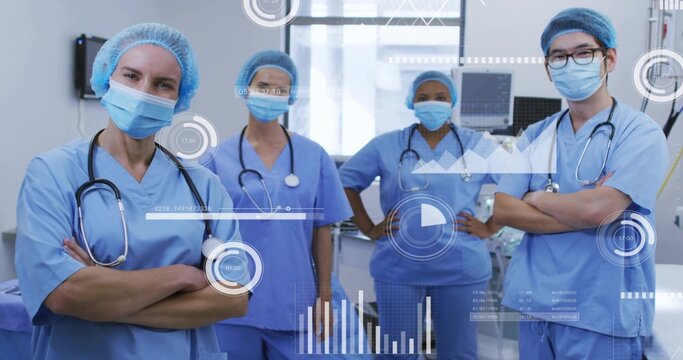 Standing medical team wearing blue scrubs, masks, stethoscopes in ICU displaying HUD data