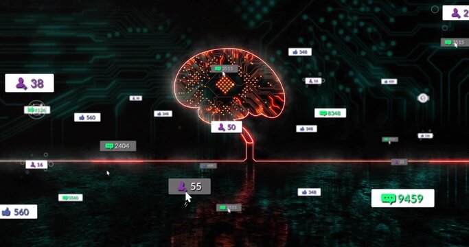 Glowing circuit brain icon pulsing above glossy plane, with neon trunk, hovering cursor and metrics