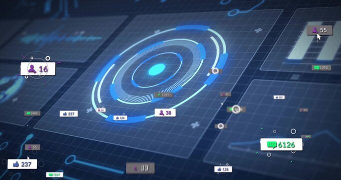Displaying concentric circular HUD on tilted grid plane, showing badges 6126 237 55 16 and cursor